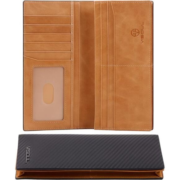 Mens Large Long Leather Checkbook Bifold Wallet with RFID Blocking,Fiber Leather